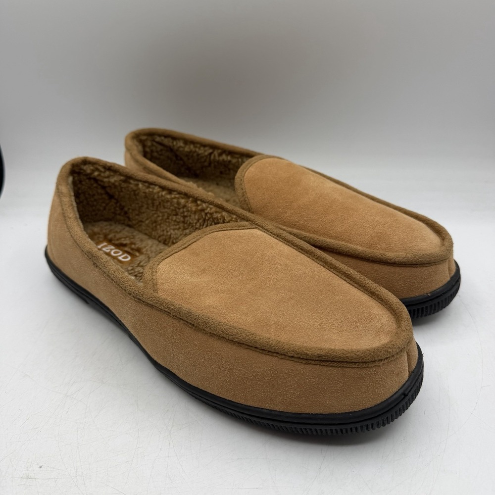 IZOD Faux Fur Lined Slippers Mens Sz 11/12 Beige Slip On House Shoes